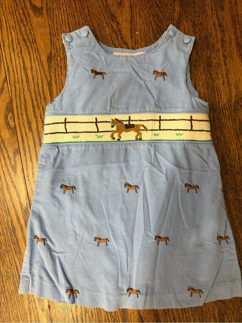Smocked Light Blue Horse Motif Girls' Dress